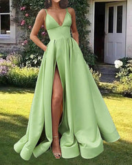 Long Plunge Neck Split Satin Dress - RongMoon