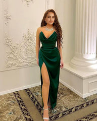 Cowl Neck Sheath Split Satin Dress - RongMoon