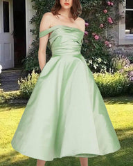 Sage Satin Off Shoulder Midi Dress - RongMoon