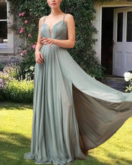 Spaghetti Straps Dusty Sage Chiffon High Slit Dress