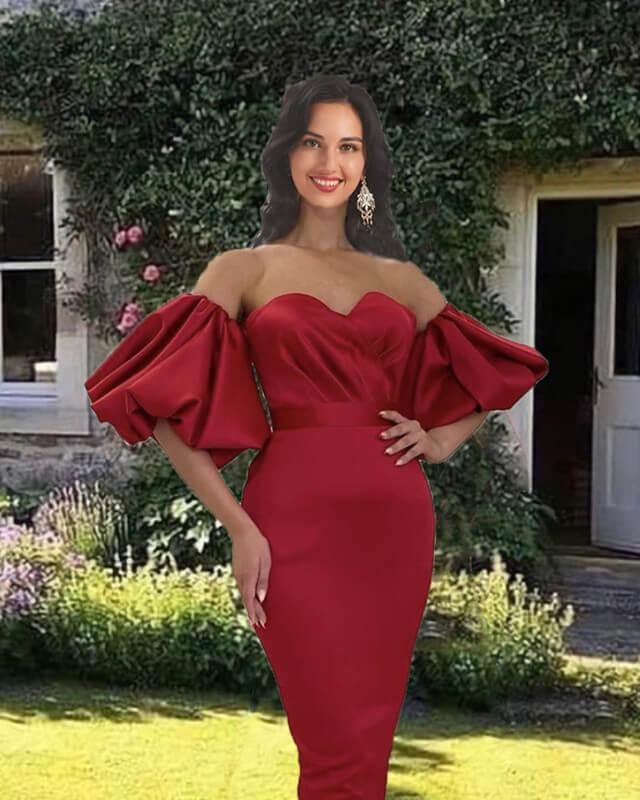 Burgundy Satin Midi Sheath Dress With Puffy Sleeve - RongMoon