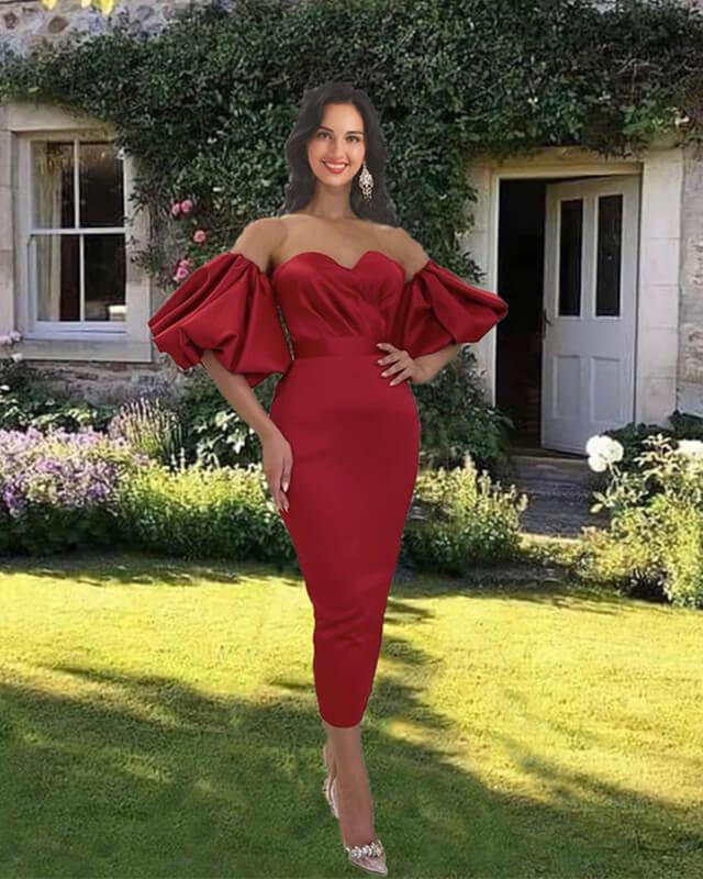 Burgundy Satin Midi Sheath Dress With Puffy Sleeve - RongMoon