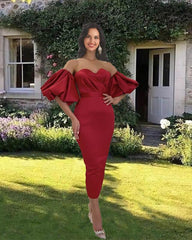 Burgundy Satin Midi Sheath Dress With Puffy Sleeve - RongMoon