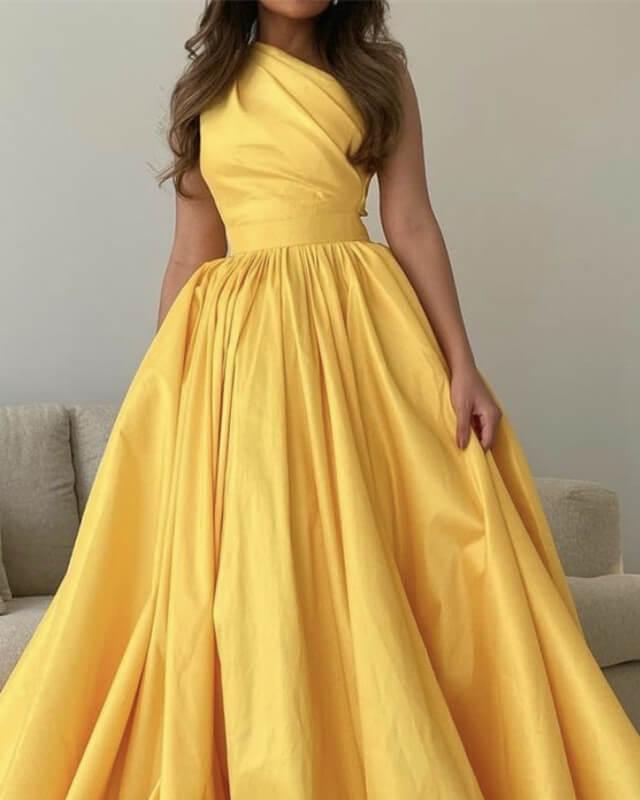 Bright Yellow Satin One Shoulder Dress - RongMoon