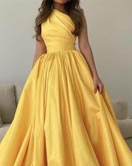Bright Yellow Satin One Shoulder Dress - RongMoon
