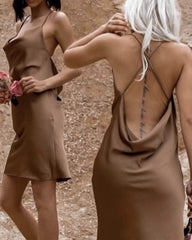 Brown Backless Satin Slip Dress