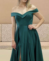 Dark Green Satin Off Shoulder Split Dress