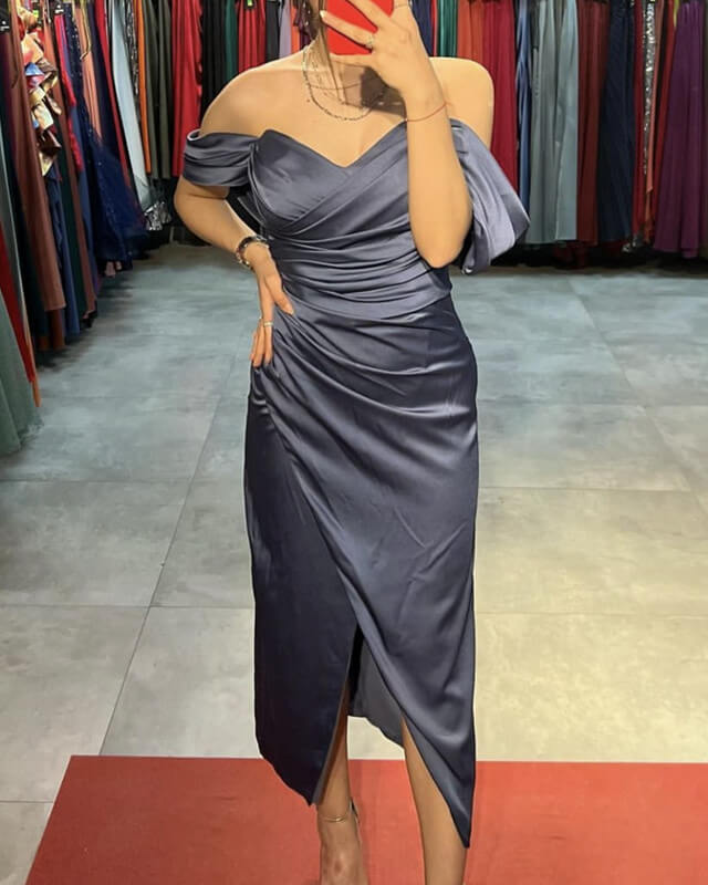 Dusty Blue Midi Soft Satin Dress