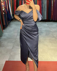 Dusty Blue Midi Soft Satin Dress