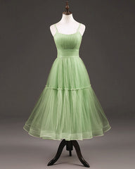 A-line Sage Green Tulle Midi Dress