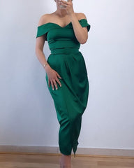 Sheath Off Shoulder Midi Satin Dress