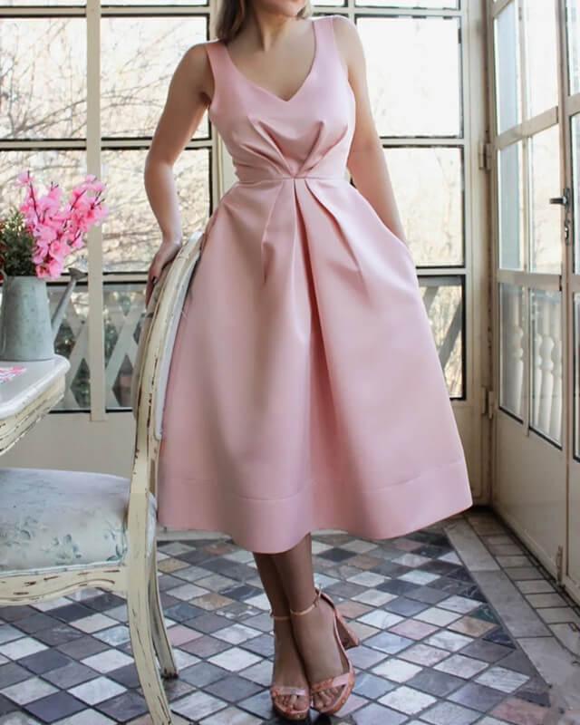 A-line Soft Pink Satin Midi Dress With Pockets - RongMoon