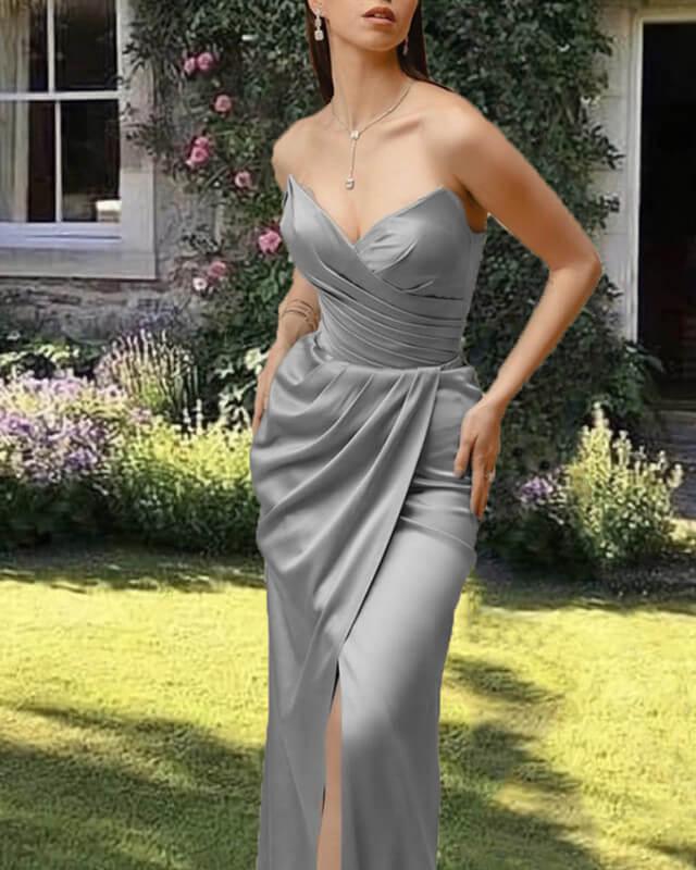 Silver Satin Sleeveless Split Dress - RongMoon