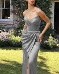 Silver Satin Sleeveless Split Dress - RongMoon