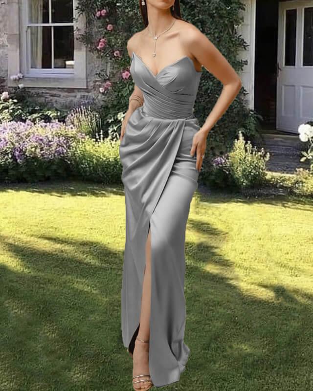 Silver Satin Sleeveless Split Dress - RongMoon