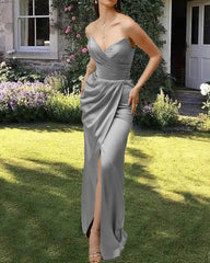 Silver Satin Sleeveless Split Dress - RongMoon