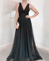 A-line V Neck Tulle Floor Length Dress