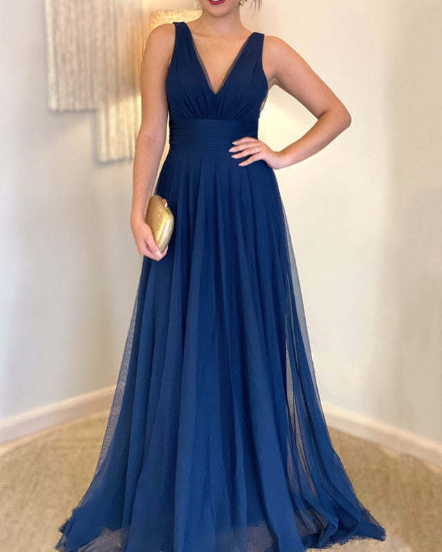 A-line V Neck Tulle Floor Length Dress