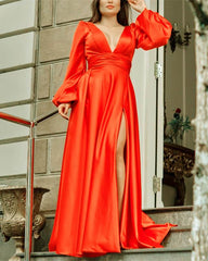 Long Sleeve Plunge Neck Satin Split Dress - RongMoon