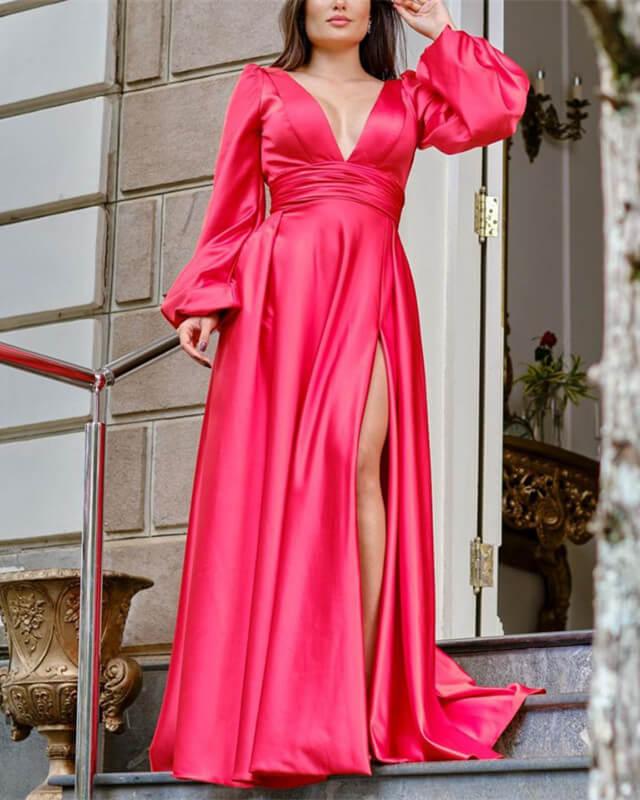 Long Sleeve Plunge Neck Satin Split Dress - RongMoon