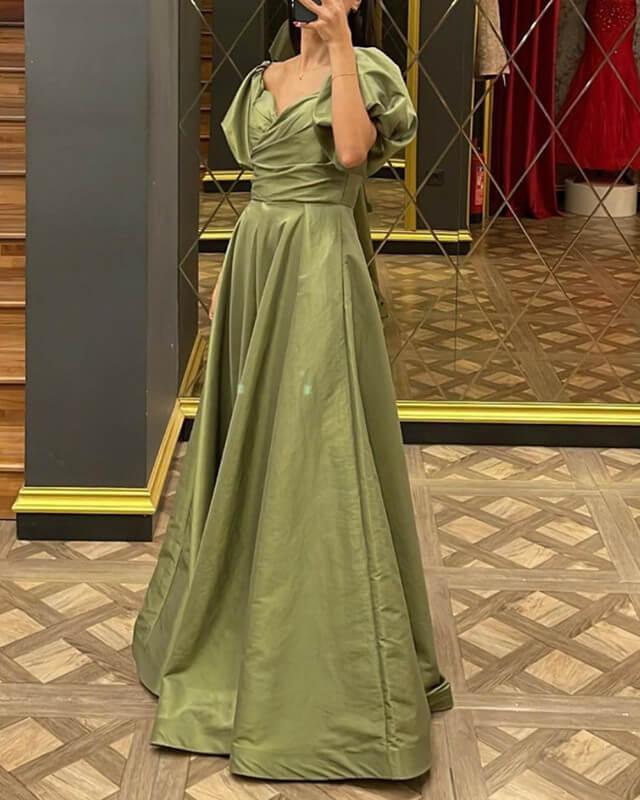 Puffy Sleeves Long Satin Slit Dress - RongMoon