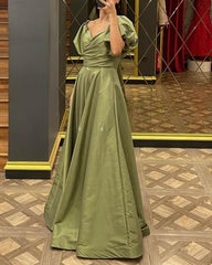 Puffy Sleeves Long Satin Slit Dress - RongMoon