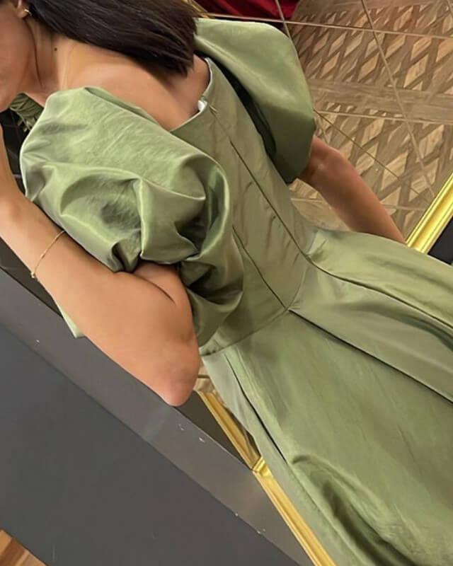 Puffy Sleeves Long Satin Slit Dress - RongMoon