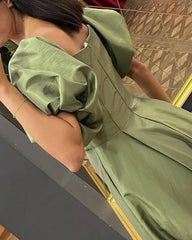 Puffy Sleeves Long Satin Slit Dress - RongMoon