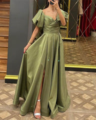 Puffy Sleeves Long Satin Slit Dress - RongMoon