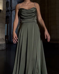 Olive Green Satin Cowl Neck Dress