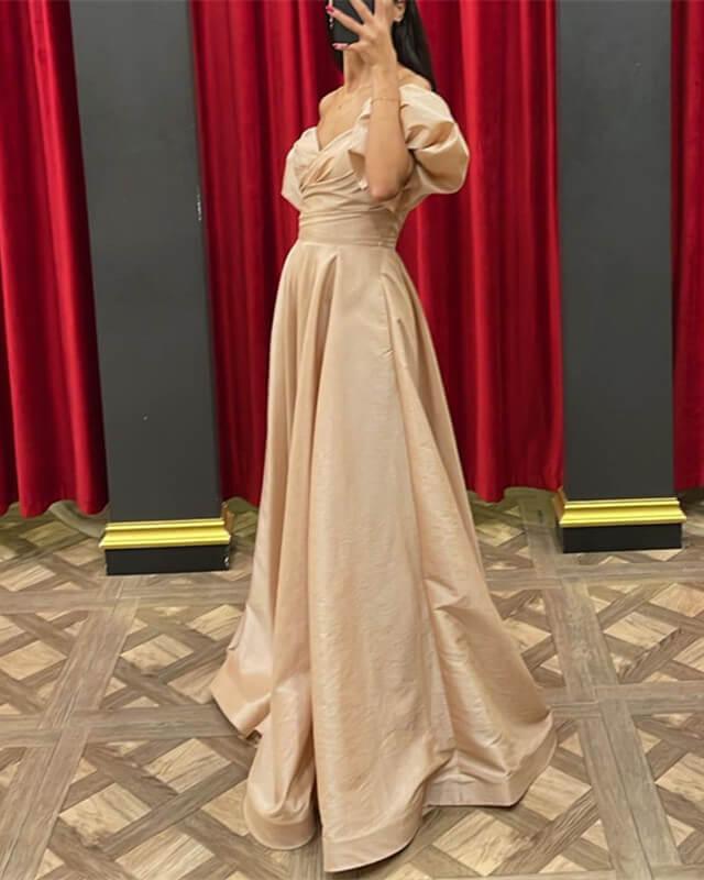 Long Champagne Satin Puffy Sleeve Dress - RongMoon