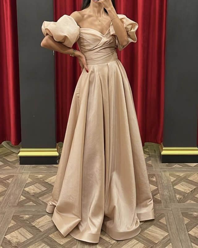 Long Champagne Satin Puffy Sleeve Dress - RongMoon