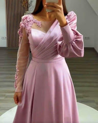 A-line Lace Appliques Long Sleeve Satin Dress - RongMoon
