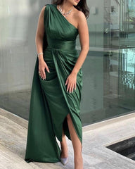 Sheath Satin One Shoulder Split Dress