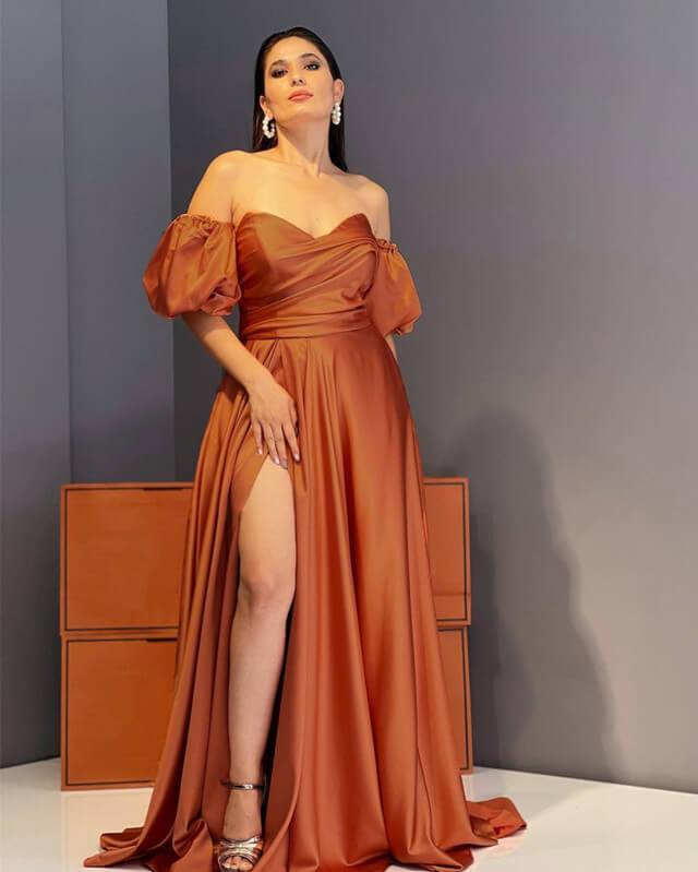 Puffy Sleeve Satin Slit Dress
