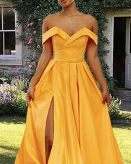 Long Marigold Satin Off Shoulder Dress