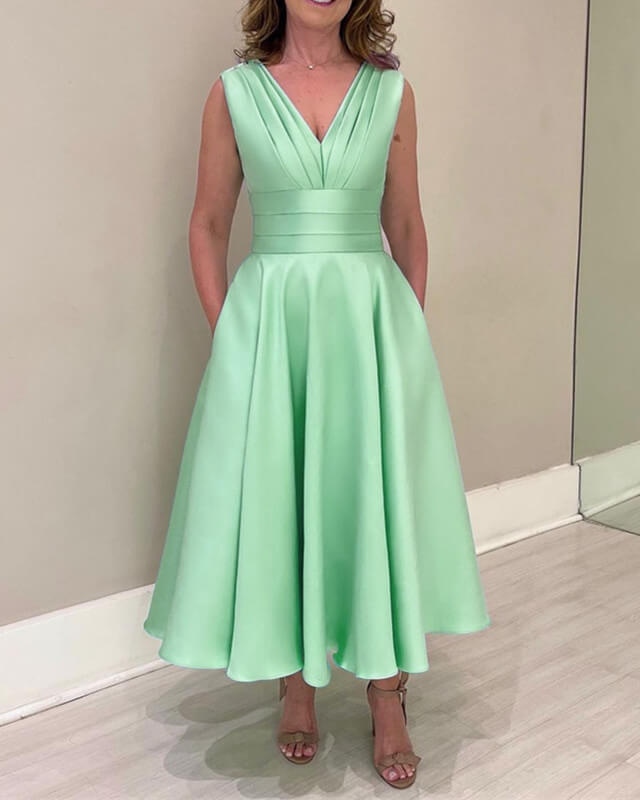 Tea Length Satin V-neck Party Dresses With Pockets