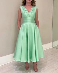 Tea Length Satin V-neck Party Dresses With Pockets