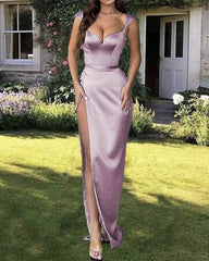 Mermaid Mauve Satin Spaghetti Straps Dress - RongMoon
