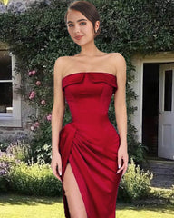 Long Burgundy Satin Strapless Sheath Split Dress