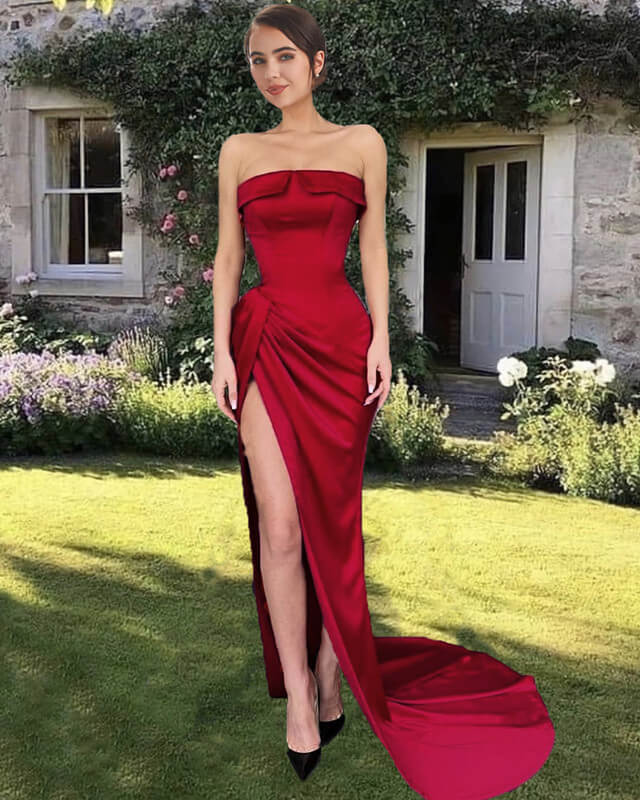 Long Burgundy Satin Strapless Sheath Split Dress