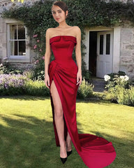 Long Burgundy Satin Strapless Sheath Split Dress