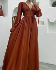 Deep V-neck Chiffon Bridesmaid Dress With Sleeves