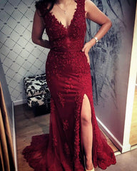 Split Lace Evening Dresses V Neck Mermaid Prom Gowns