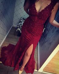 Split Lace Evening Dresses V Neck Mermaid Prom Gowns