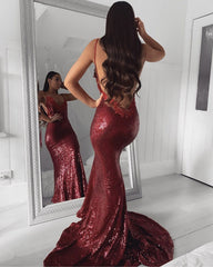 Sequin Mermaid Prom Dresses Appliques V Neck Open Back