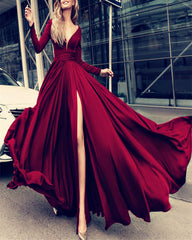Sexy Leg Slit Long Sleeves Chiffon Prom Dresses