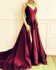 Simple Long Satin Slit Prom Dresses With Straps