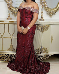 Burgundy Sequin Mermaid Prom Dresses Off Shoulder