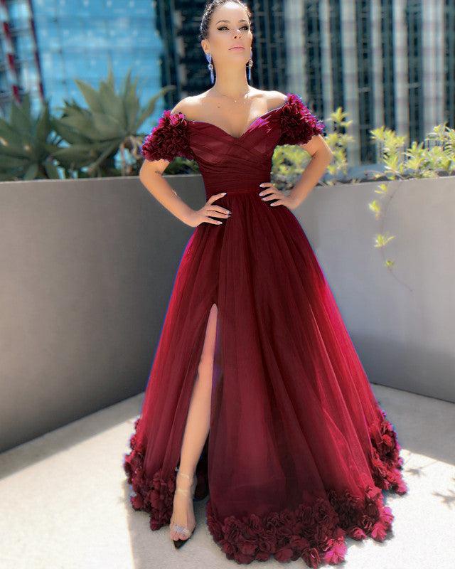 Tulle Flowers Off Shoulder Dresses With Split - RongMoon